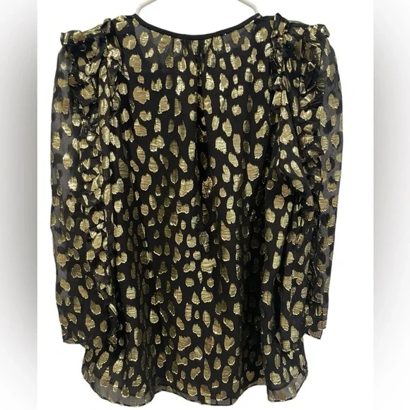 Rebecca Taylor 100% Silk Black and Gold Ruffle Sleeve Blouse- Size 0 - Picture 2 of 9